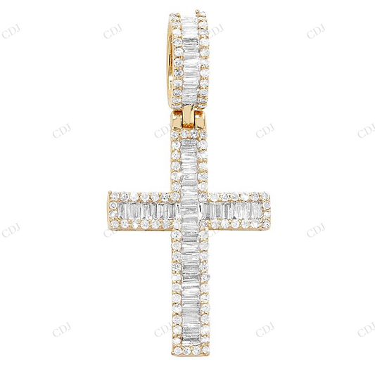 10K Yellow Gold Baguette Lab Grown Diamond Cross Pendant Hip Hop Pendent CustomDiamJewel