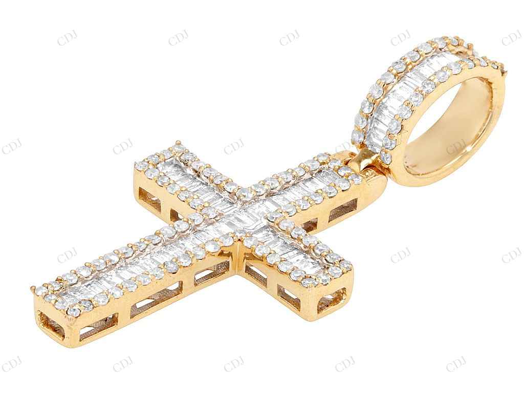 10K Yellow Gold Baguette Lab Grown Diamond Cross Pendant Hip Hop Pendent CustomDiamJewel