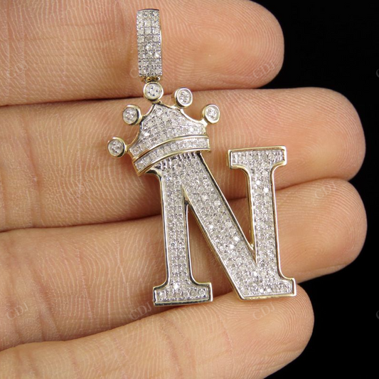 Initial Letter 'N' Diamond Crown Pendant 10K Gold CustomDiamJewel