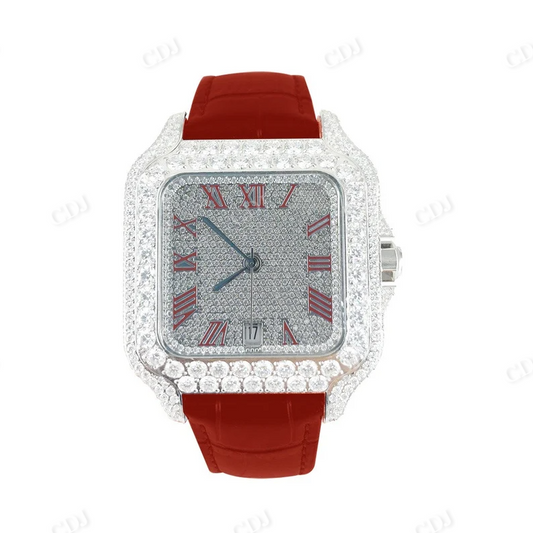 Automatic Roman Dial Rapper Buss Down Watch with Red Leather Belt customdiamjewel