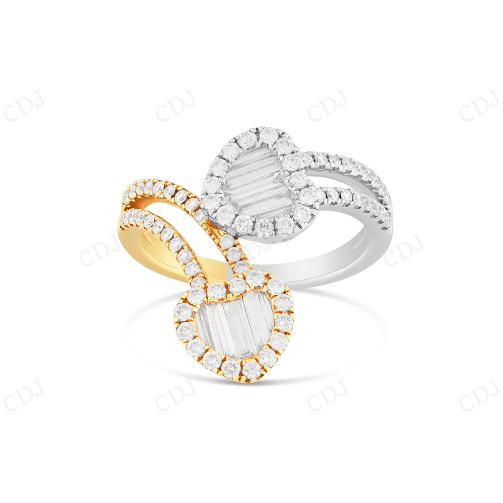 18k Gold Two Tone Baguette & Round Moissanite Heart Wrap Ring Engagement Ring CustomDiamJewel