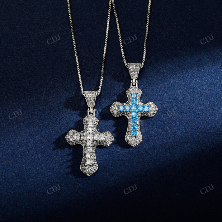 Princess Cut Sterling Silver Hip Hop Moissanite Cross Pendant customdiamjewel
