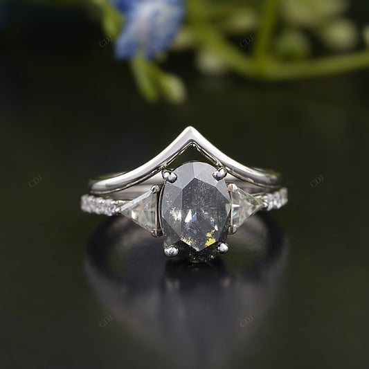 Oval Gray Moissanite Trillion Side Stone Ring