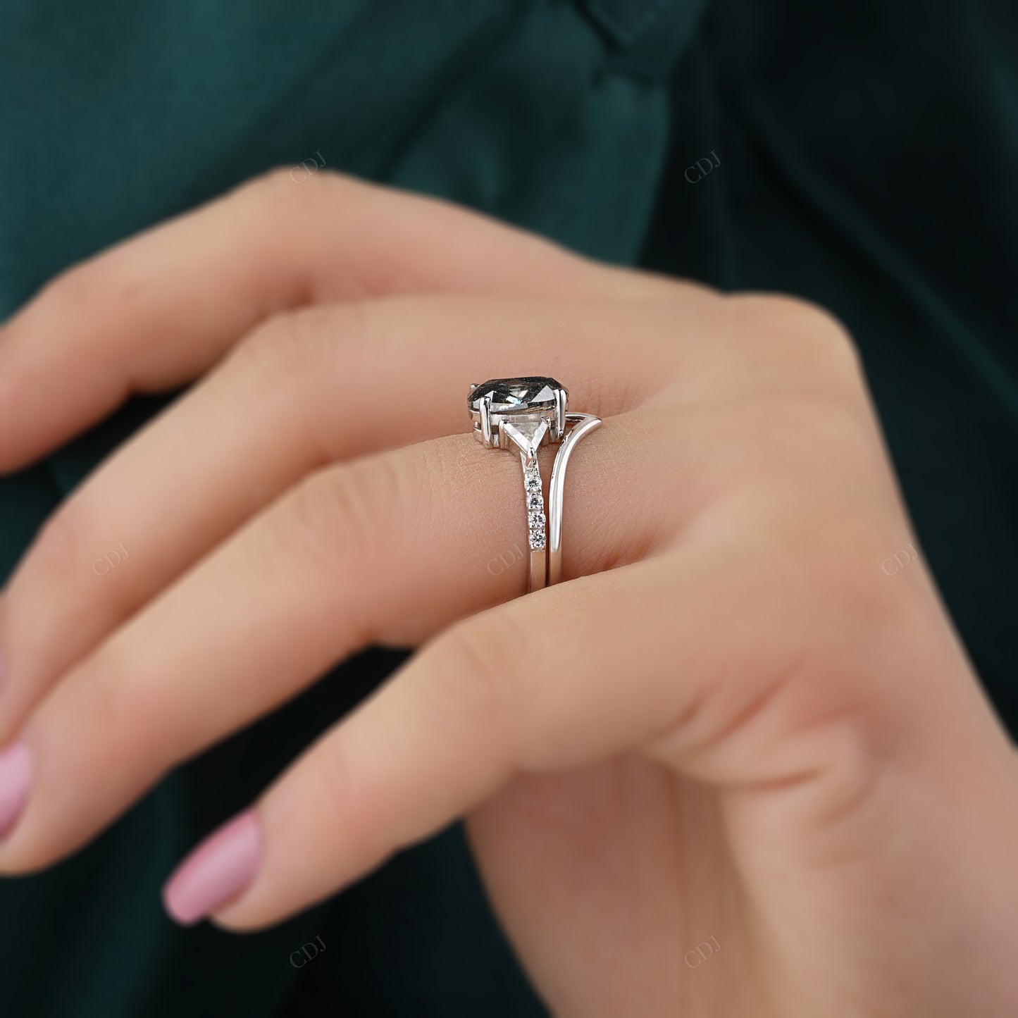 Oval Gray Moissanite Trillion Side Stone Ring