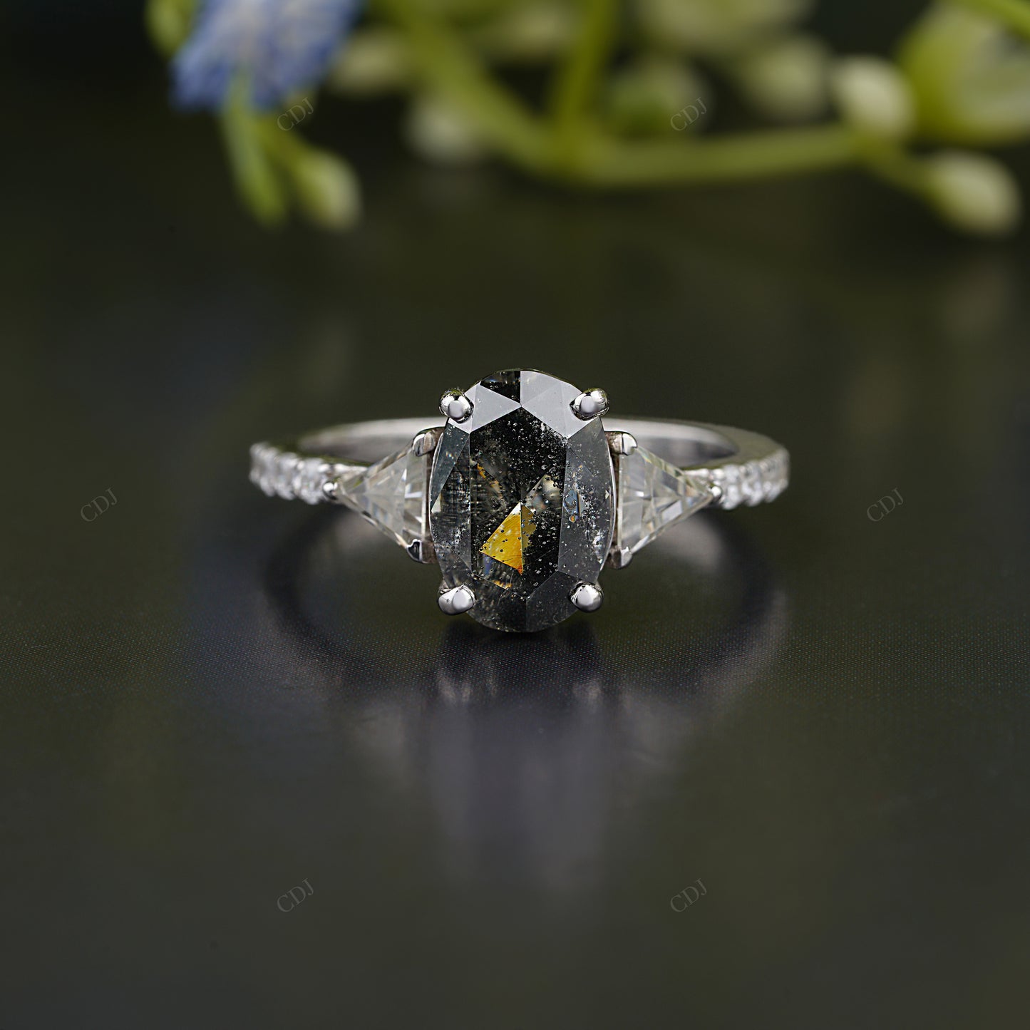 Oval Gray Moissanite Trillion Side Stone Ring