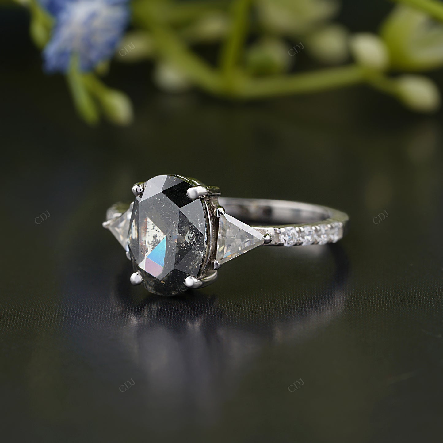 Oval Gray Moissanite Trillion Side Stone Ring