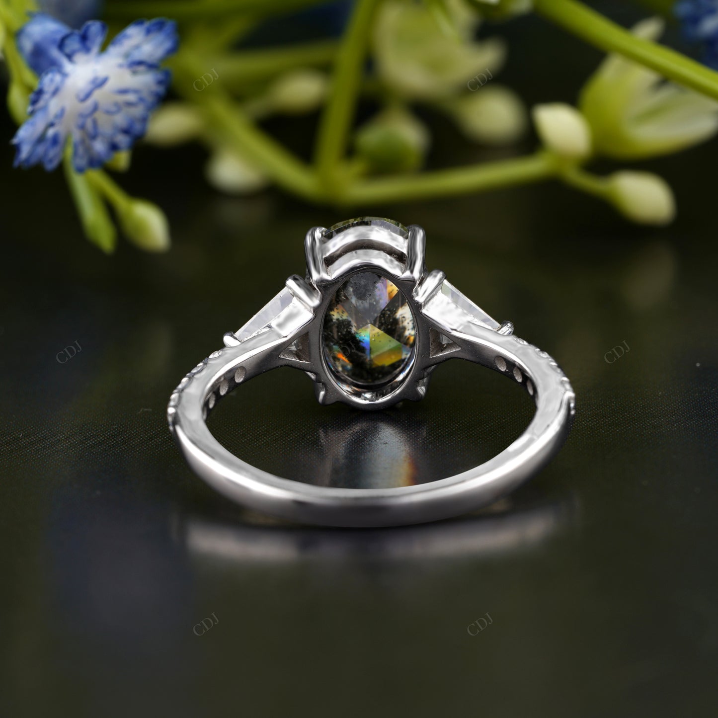 Oval Gray Moissanite Trillion Side Stone Ring