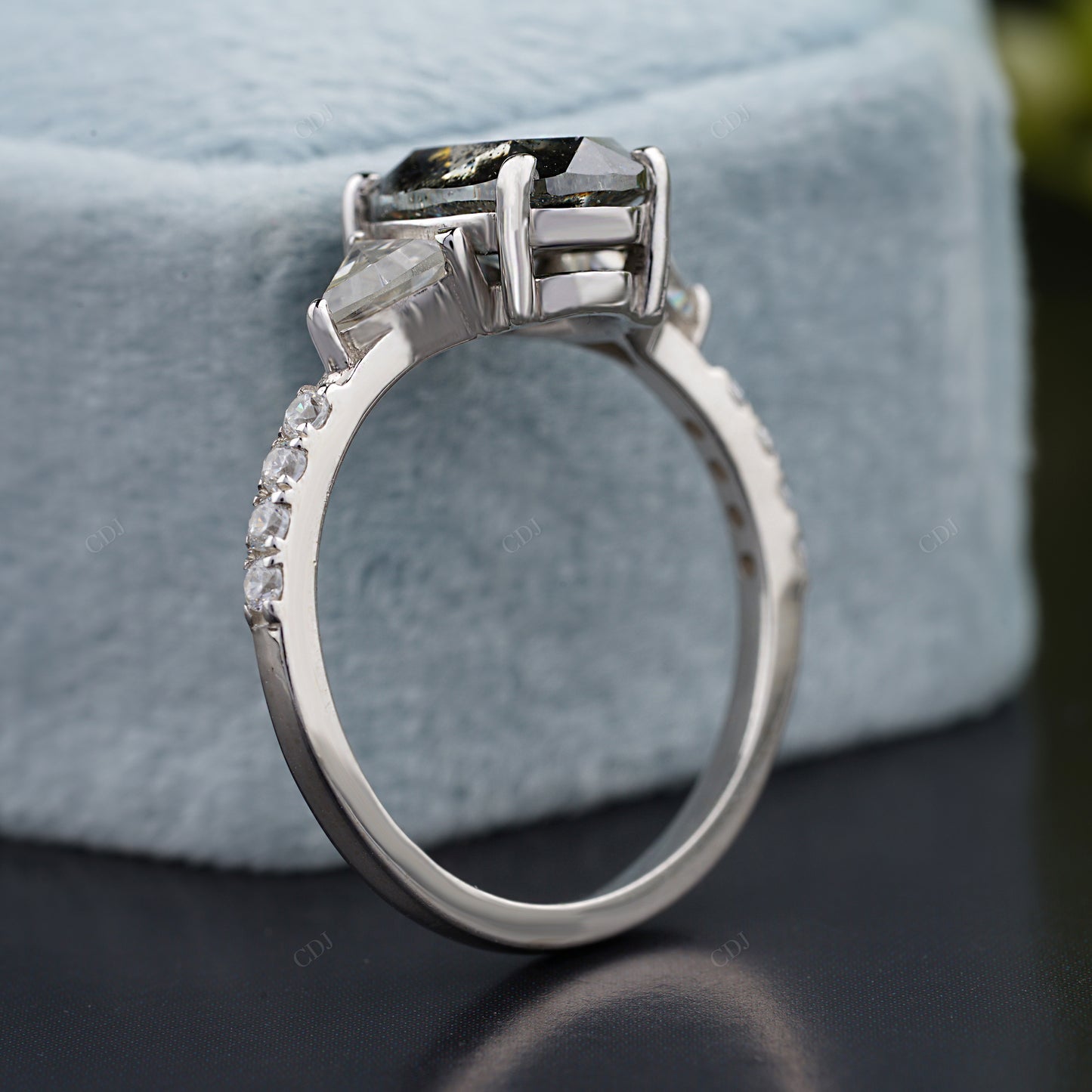 Oval Gray Moissanite Trillion Side Stone Ring