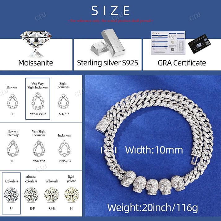 Hip Hop Sterling Silver Moissanite Skull Cuban Chain hip hop jewelry CustomDiamJewel