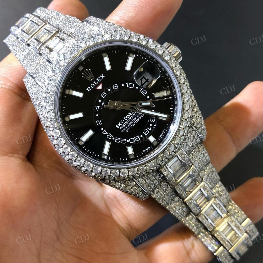 Black Dial Sky Dweller Rolex Diamond Moissanite Watch customdiamjewel