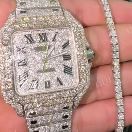 Full White Cartier Iced Out Moissanite Diamond Roman Digit Hip Hop Watch hip hop jewelry CustomDiamJewel