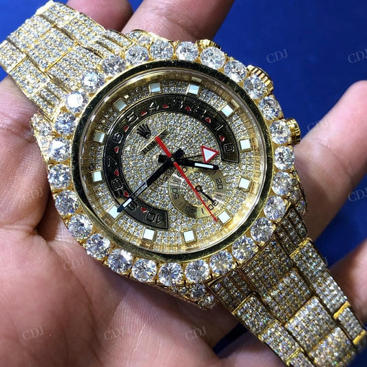 Gold Plated Stainless Steel Fully Diamond Rolex Moissanite Watch customdiamjewel