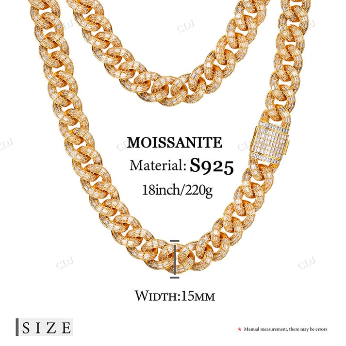 Hip Hop 15MM Baguette Lab Diamond 14k Gold Cuban Chain hip hop jewelry CustomDiamJewel