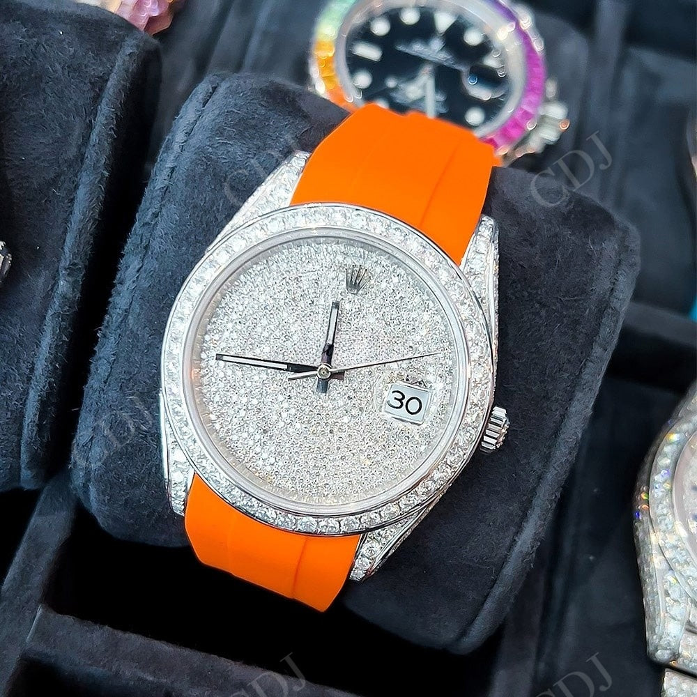 Orange Strap Custom Moissanite Rolex Watch customdiamjewel