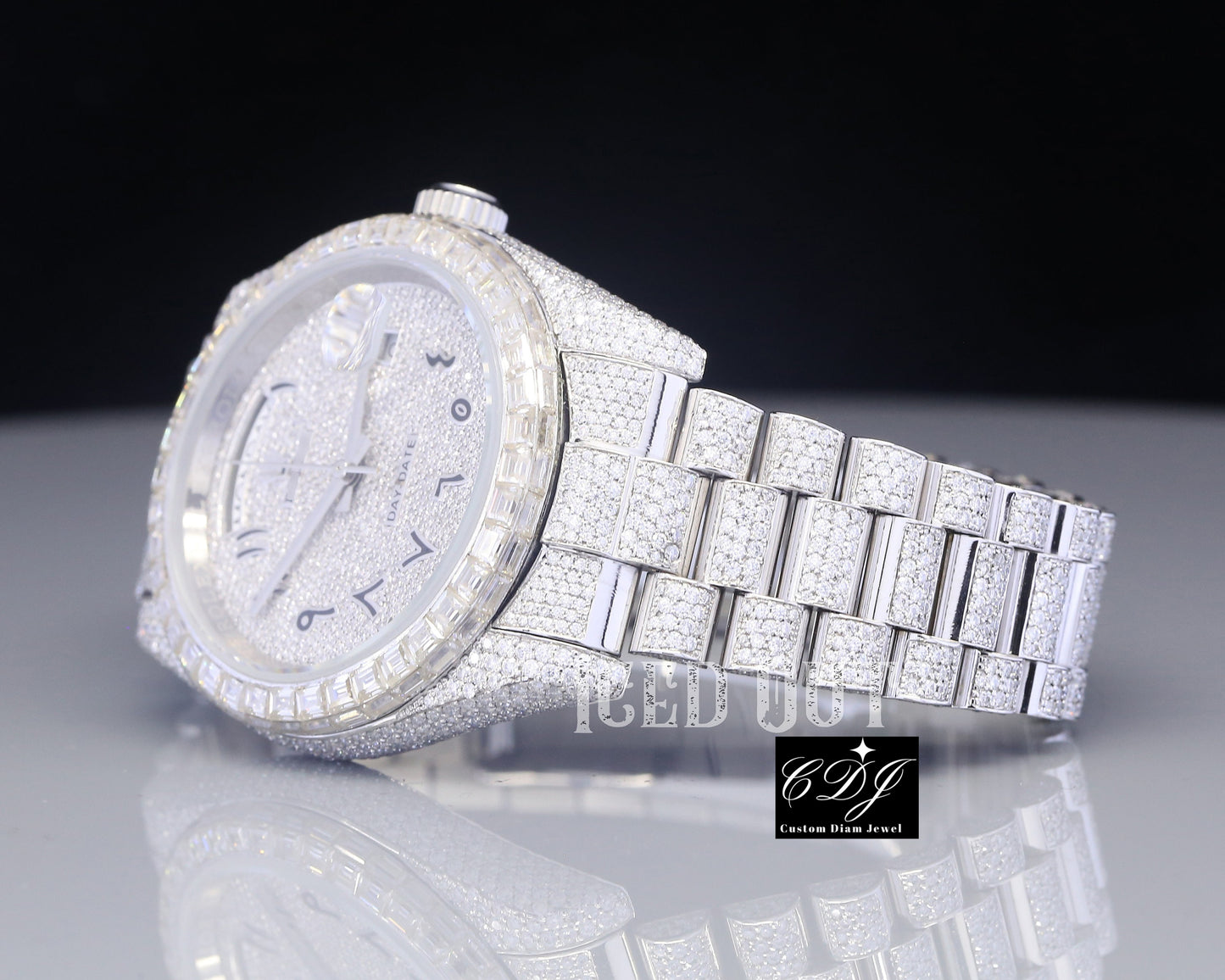 Hip Hop Iced Out Diamonds Full White Baguette Bezel Rolex Watch customdiamjewel