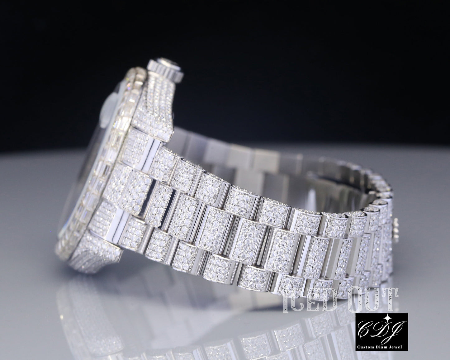 Hip Hop Iced Out Diamonds Full White Baguette Bezel Rolex Watch customdiamjewel