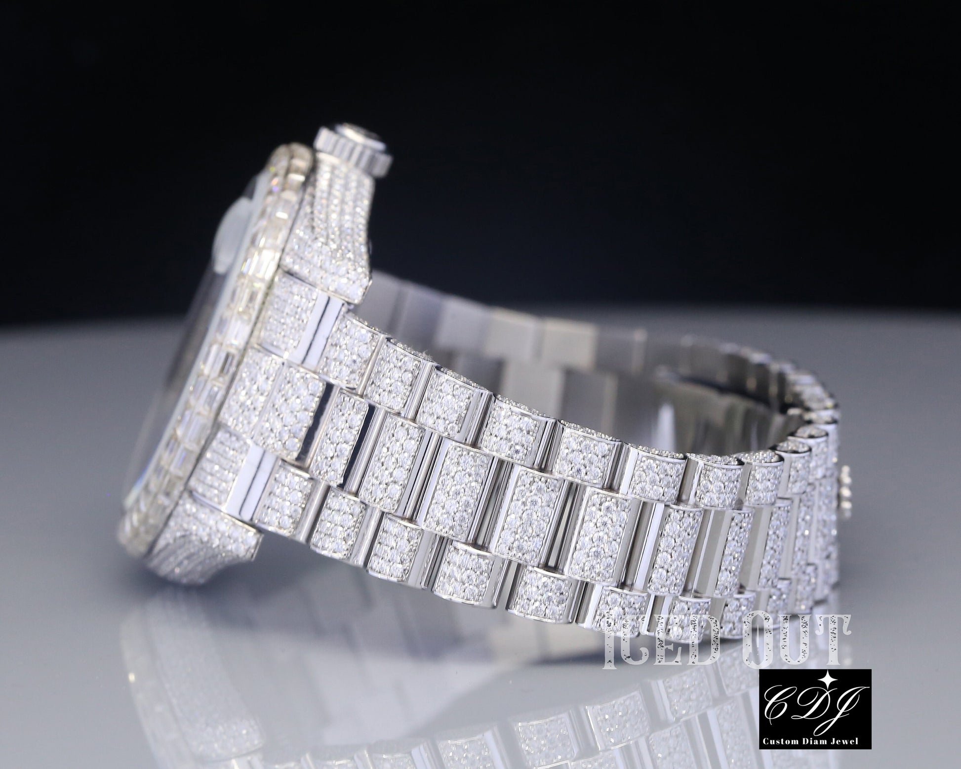 Hip Hop Iced Out Diamonds Full White Baguette Bezel Rolex Watch customdiamjewel
