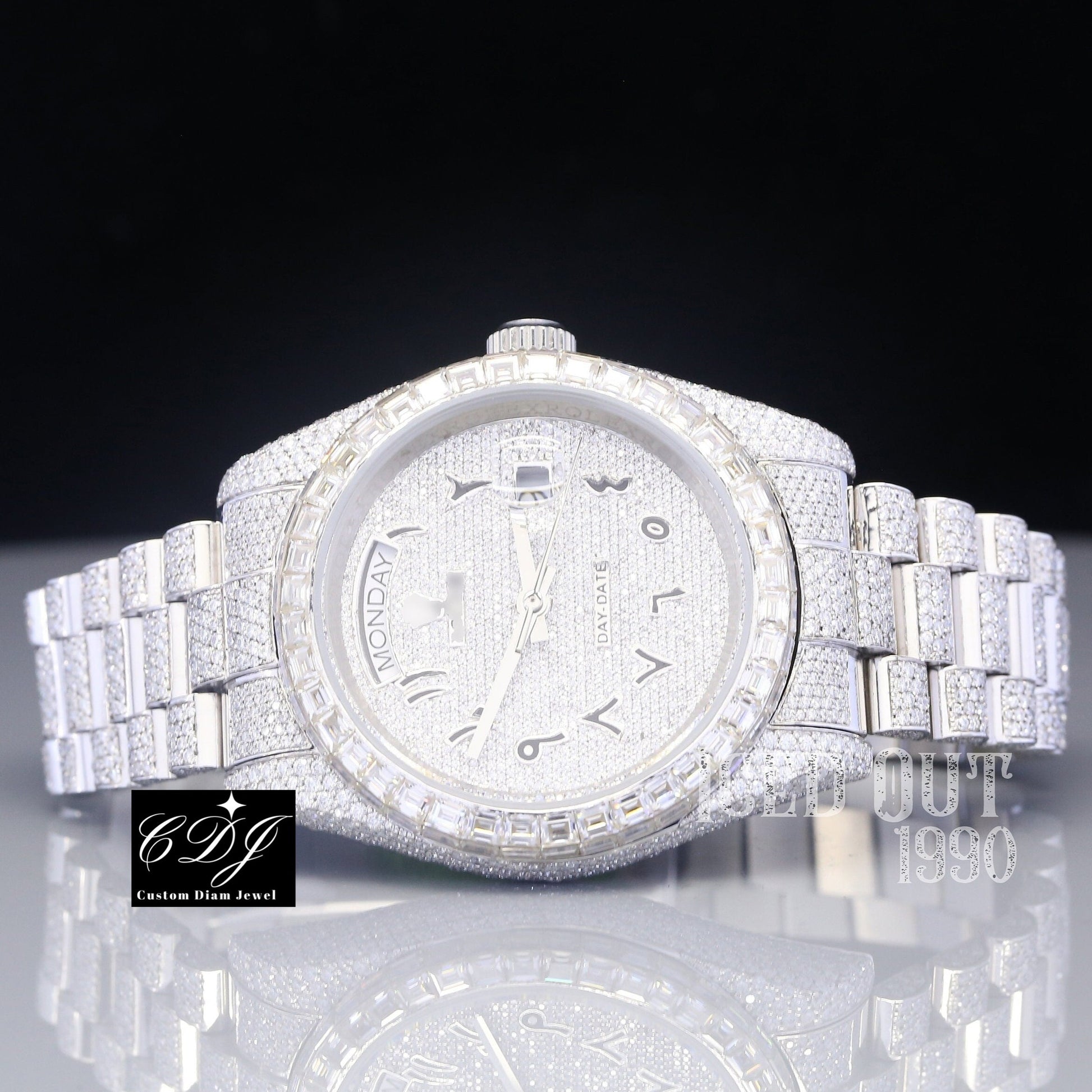 Hip Hop Iced Out Diamonds Full White Baguette Bezel Rolex Watch customdiamjewel