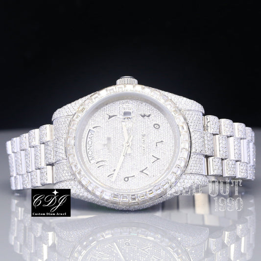 Hip Hop Iced Out Diamonds Full White Baguette Bezel Rolex Watch customdiamjewel