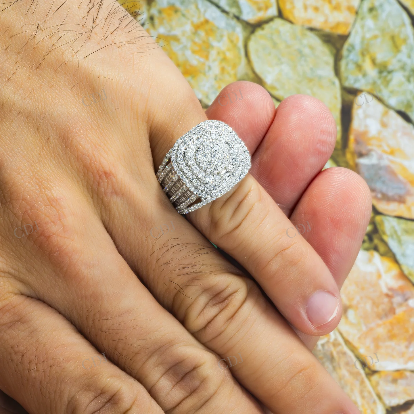 Iced Out Sterling Sliver Moissanite Round Diamond Halo Cluster Ring Hip Hop Ring customdiamjewel