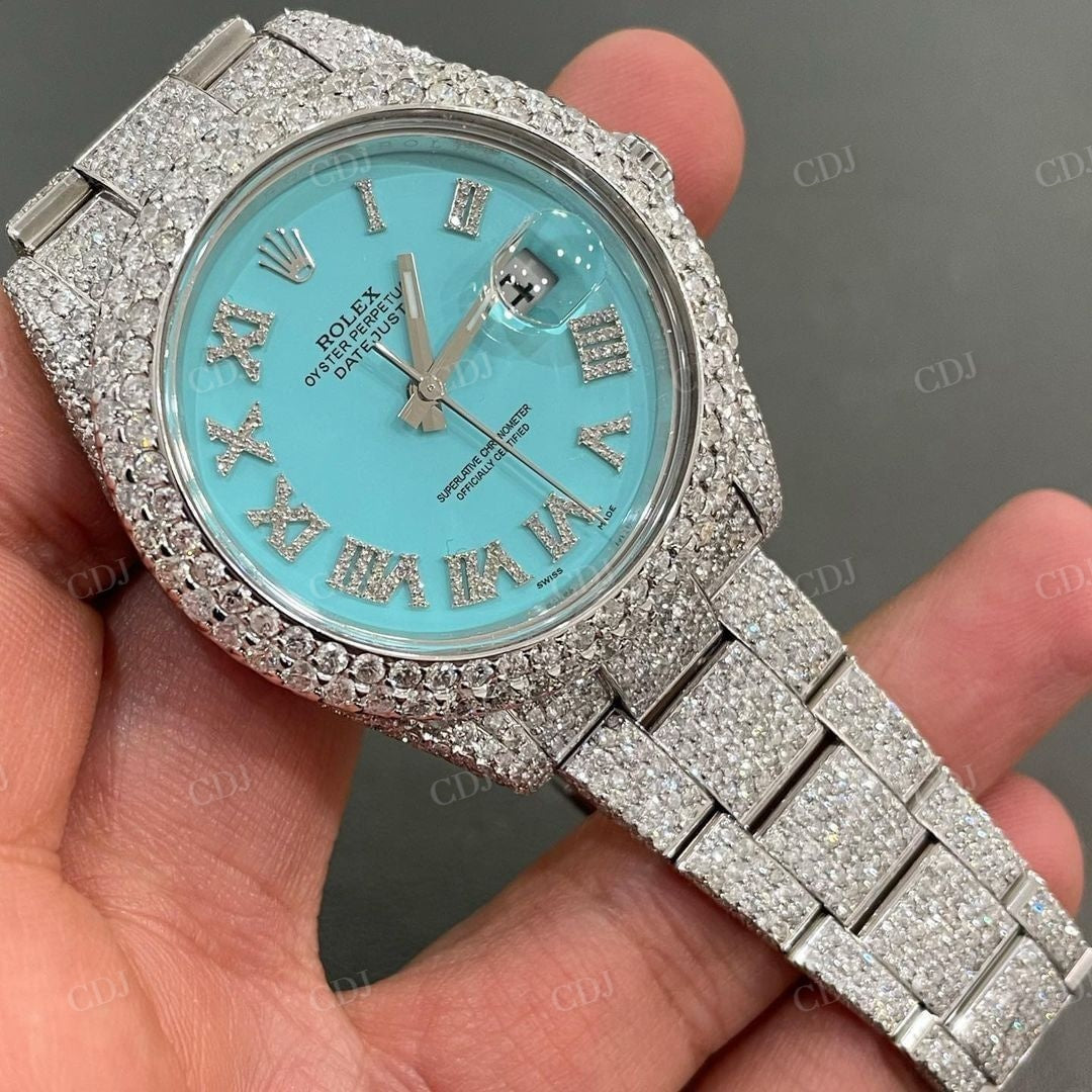 Rolex Round Diamond Light Blue Dial Luxury Moissanite Watch customdiamjewel
