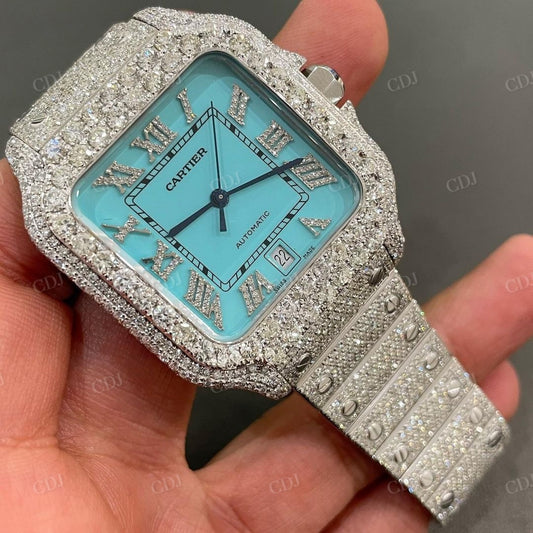 Cartier Light Blue Dial Stainless Steel Diamond Iced Out Moissanite Watch customdiamjewel