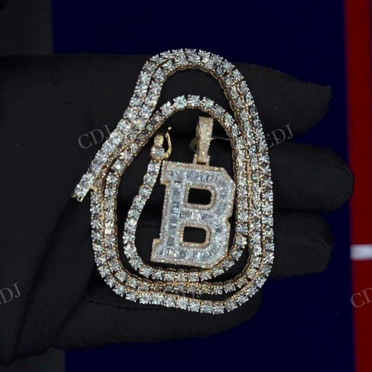 Baguette Diamond 10K Yellow Gold Custom B Pendant hip hop jewelry CustomDiamJewel   