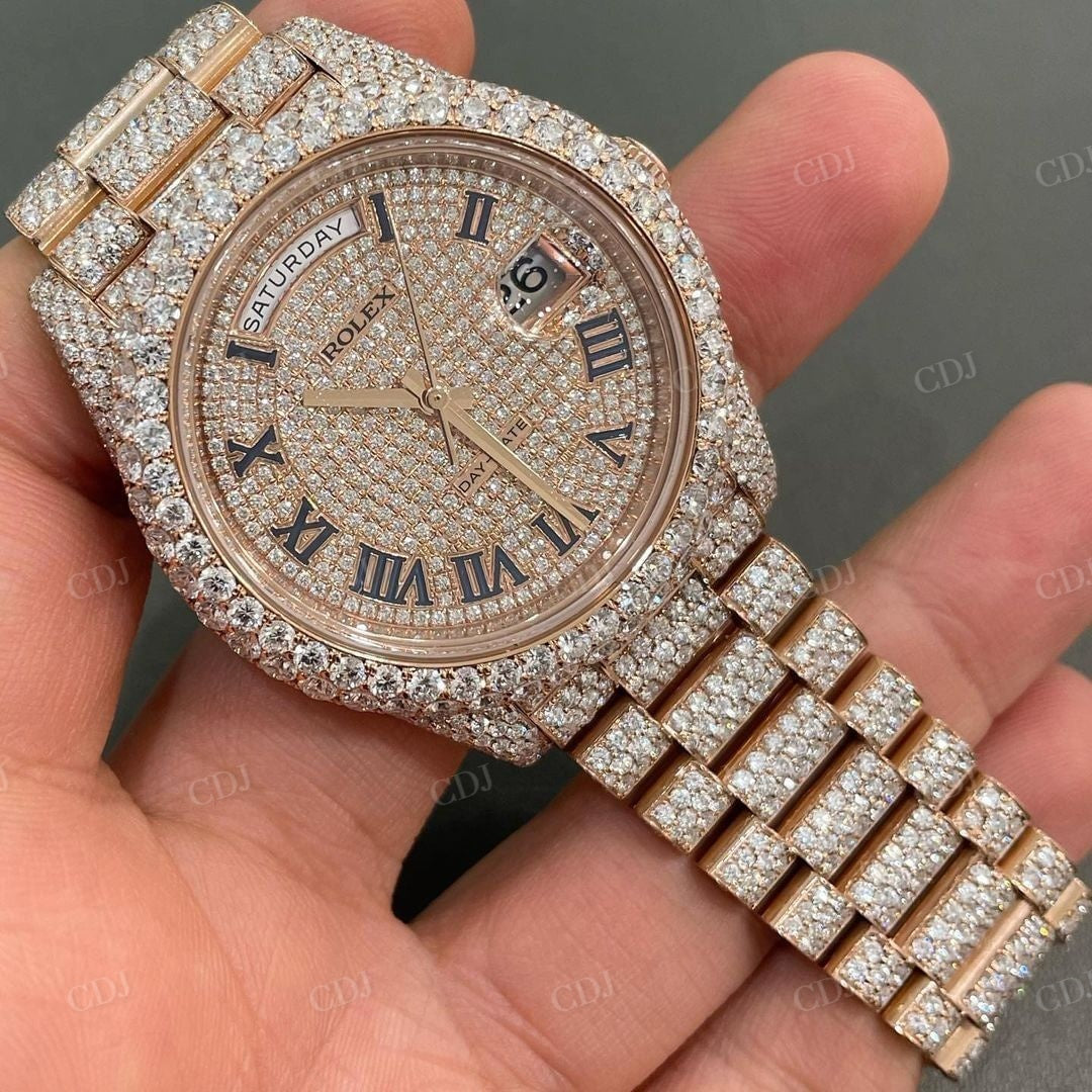 Rose Gold Pelted Stainless Steel Diamond Rolex Watch