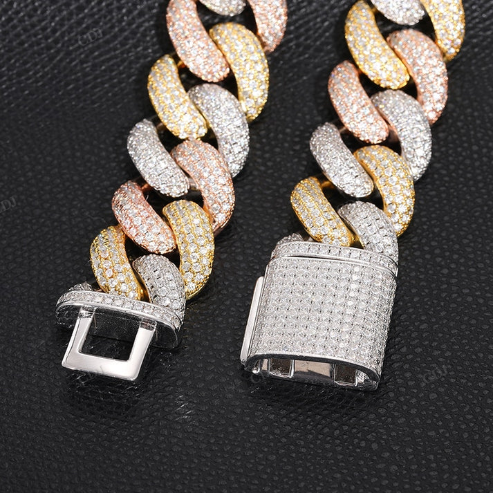 Triple Tone VVS Moissanite 925 Silver Cuban Chain hip hop jewelry CustomDiamJewel