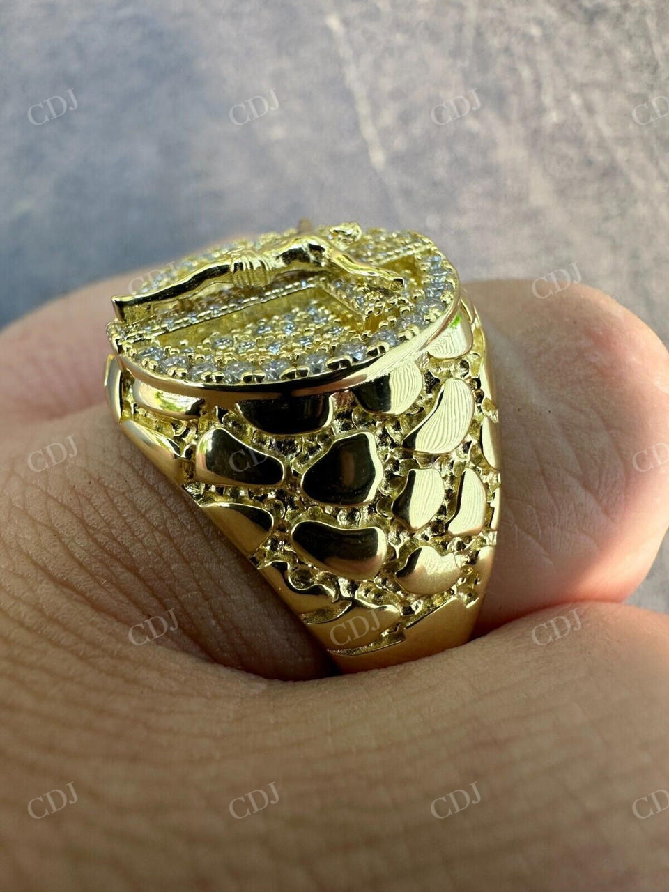 Hip Hop Solid Gold Diamond Jesus On Cross Ring  customdiamjewel   