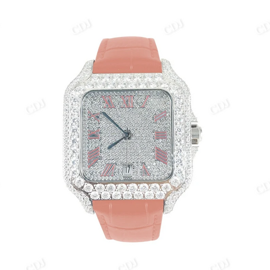 High Quality Cartier Santos Moissanite Leather Belt Watch customdiamjewel