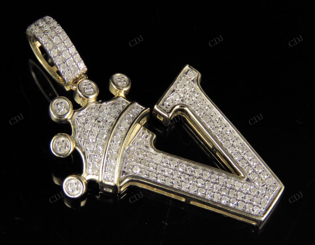 1.5" 0.35 CTW 10K Solid Gold Diamond Crown Initial 'V' Letter Pendant CustomDiamJewel