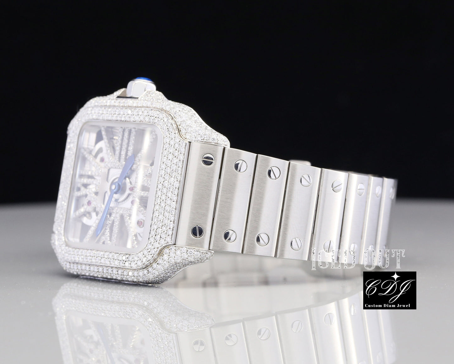 Full White Semi Iced Out Moissanite Cartier Skeleton Watch customdiamjewel