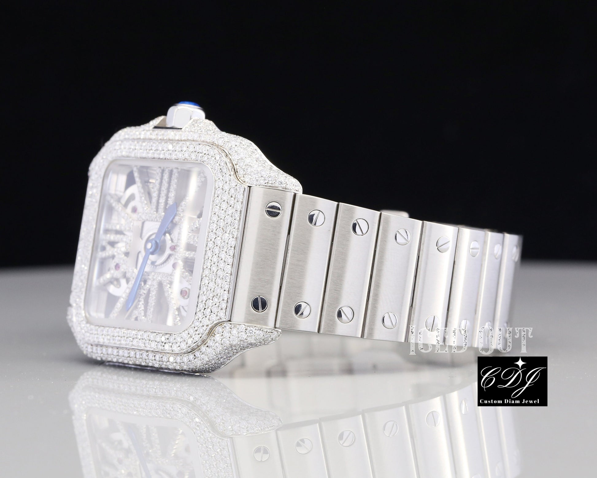 Full White Semi Iced Out Moissanite Cartier Skeleton Watch customdiamjewel