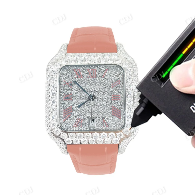 High Quality Cartier Santos Moissanite Leather Belt Watch customdiamjewel