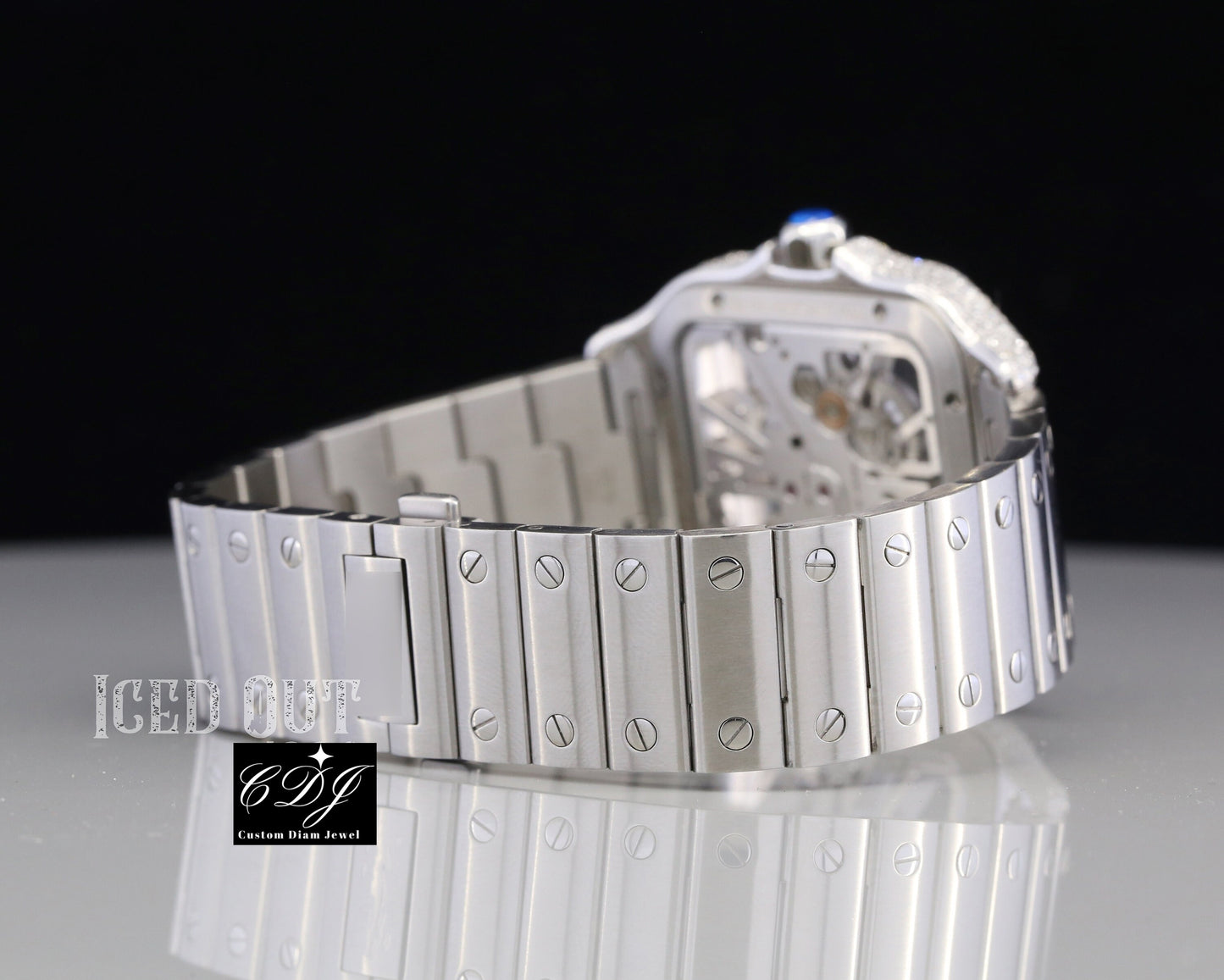 Full White Semi Iced Out Moissanite Cartier Skeleton Watch customdiamjewel