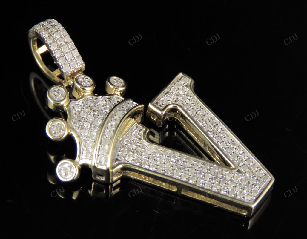 1.5" 0.35 CTW 10K Solid Gold Diamond Crown Initial 'V' Letter Pendant CustomDiamJewel