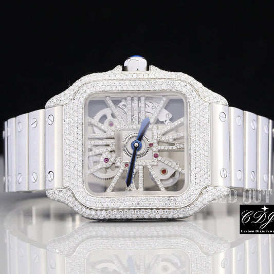 Full White Semi Iced Out Moissanite Cartier Skeleton Watch customdiamjewel