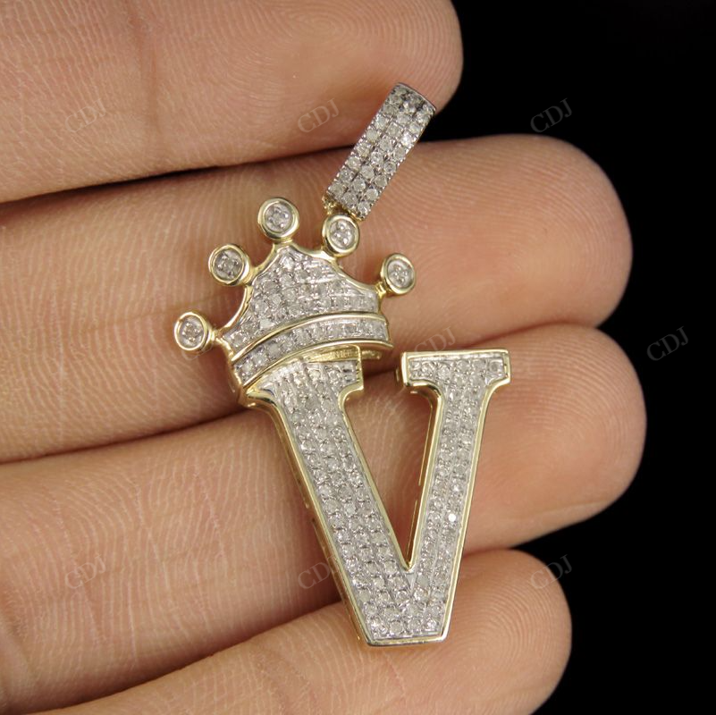 1.5" 0.35 CTW 10K Solid Gold Diamond Crown Initial 'V' Letter Pendant CustomDiamJewel