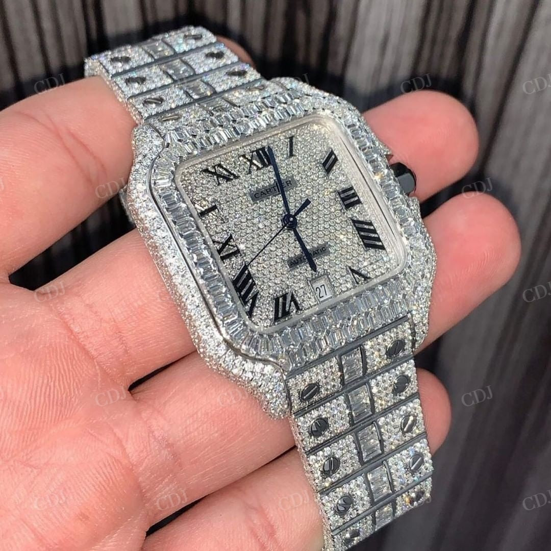 Stainless Steel Round and Bugatte Diamond Cartier Moissanite Watch customdiamjewel