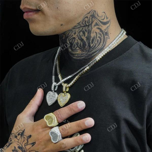 Men Fashion Iced Out Baguette Diamond Heart Pendant  customdiamjewel   