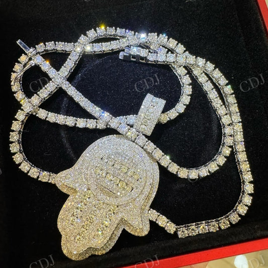 Hamsa Hand Round Cut Diamond 10K White Gold plated Pendant hip hop jewelry CustomDiamJewel   