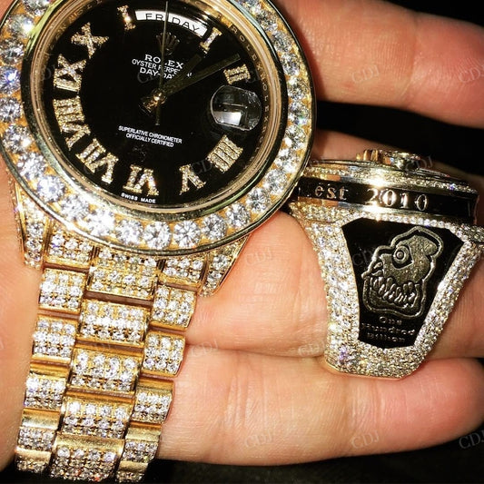 Rolex Black Dial Gold Plated Diamond Moissanite Watch customdiamjewel
