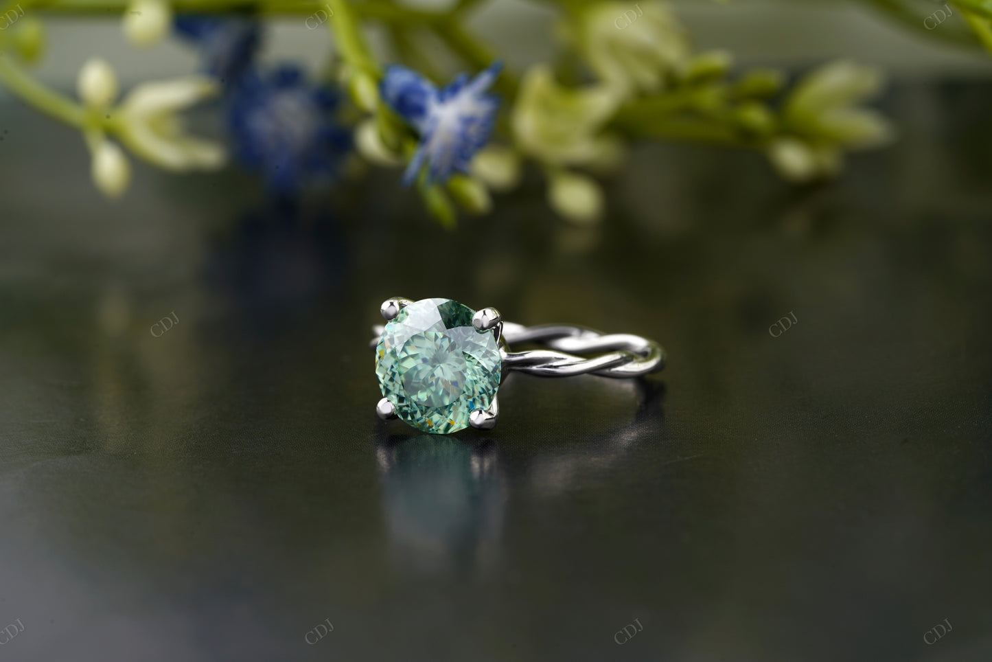 Green Round Gemstone Twisted Shank Ring