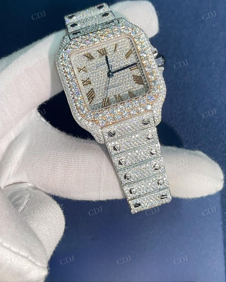 Fully Iced Out VVS1 Moisenite Cartier Santos Watch 41 MM Dial Handmade Watch customdiamjewel