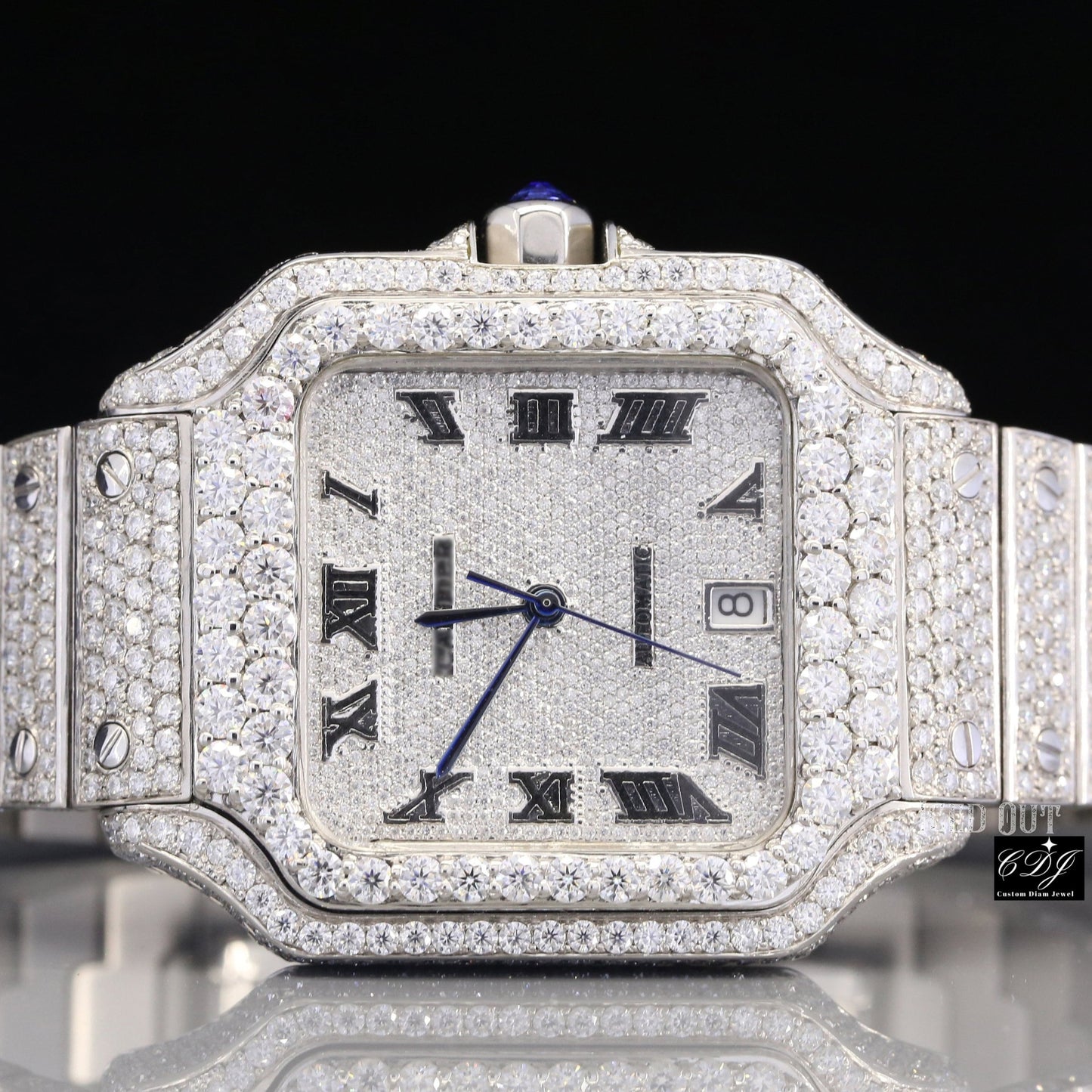 Full White Cartier Santos Natural Diamond Watch customdiamjewel