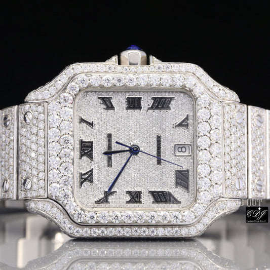 Full White Cartier Santos Natural Diamond Watch customdiamjewel