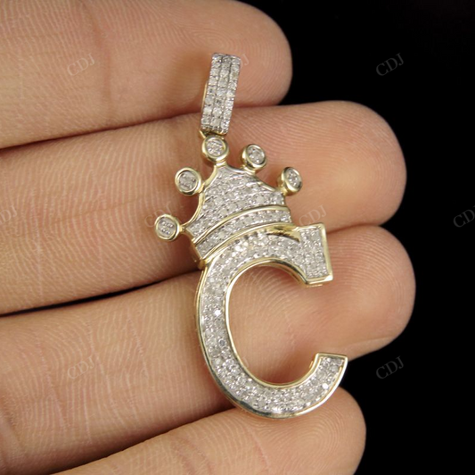1.5" 0.31 CTW Initial Letter 'C' 10K Gold Diamond Crown Pendant CustomDiamJewel