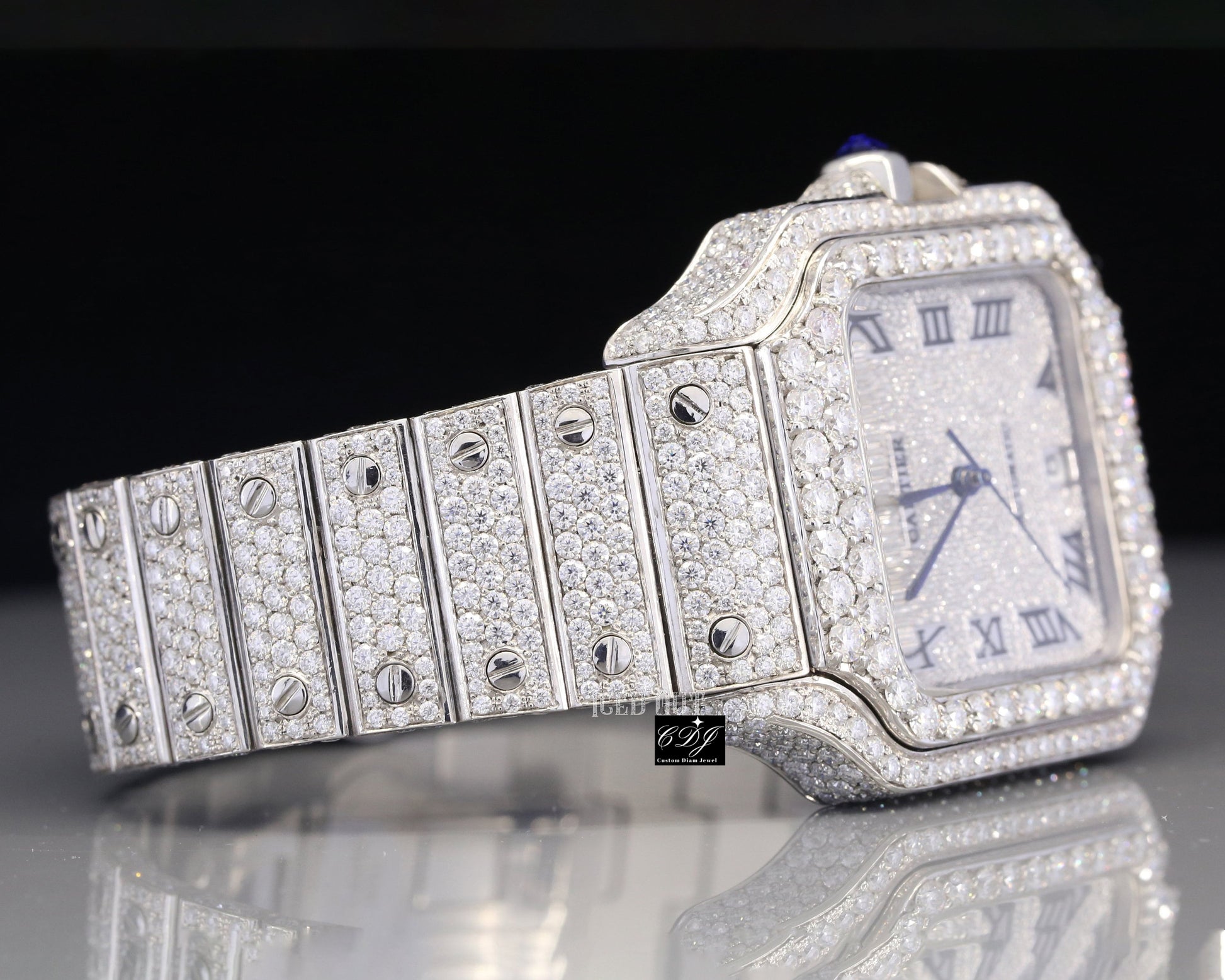 Full White Cartier Santos Natural Diamond Watch customdiamjewel