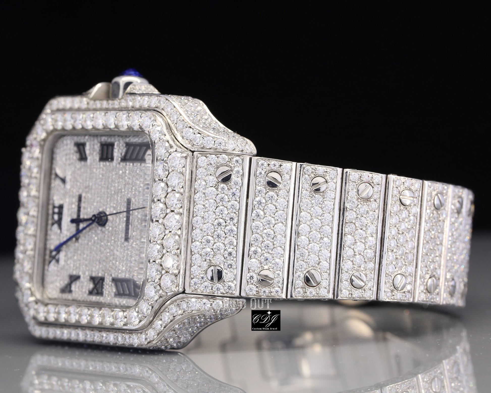 Full White Cartier Santos Natural Diamond Watch customdiamjewel